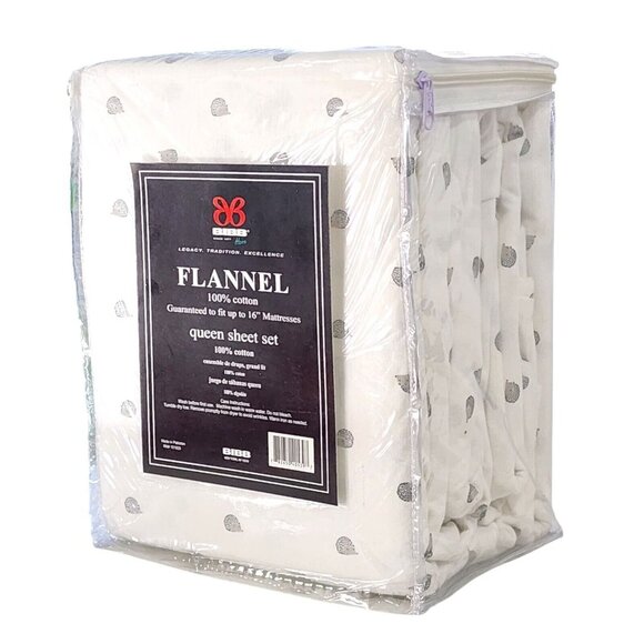 BIBB Home Winter Cotton Flannel Sheet Set Ivory Queen Size 4pc Hedgehog Print - Picture 1 of 10